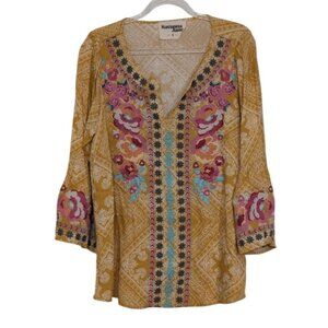 Savanna Jane Embroidered Shirt Womens Size Small Mustard Yellow Bell Sleeve Boho